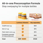 Luminary Vitamins Preconception Gummies showing colorful gummy vitamins in a clear glass jar with a bright background.