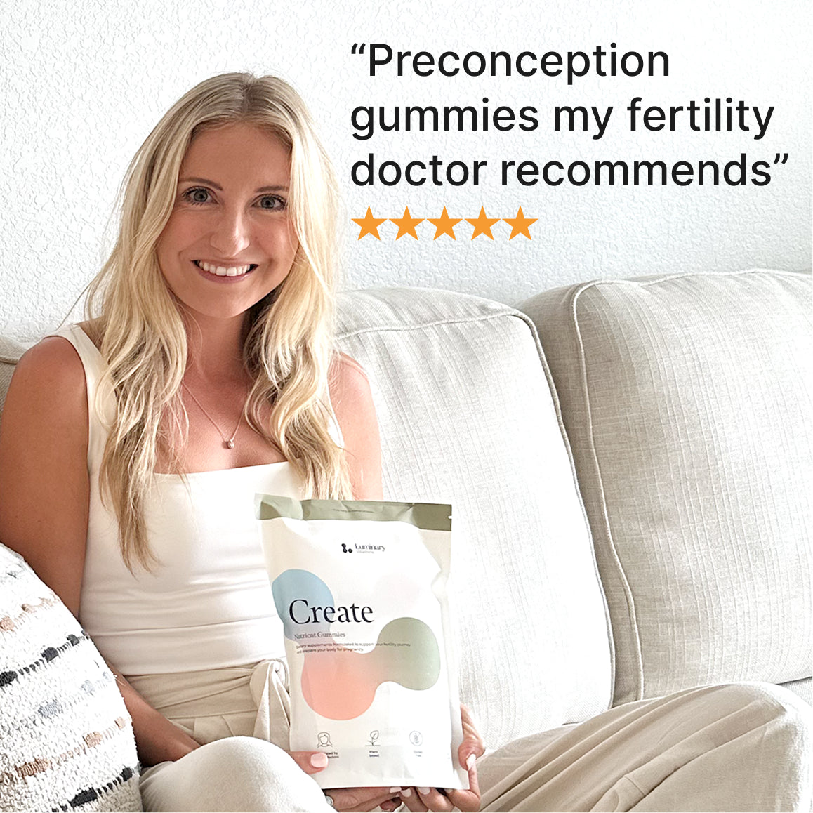 Luminary Vitamins preconception gummies in a bottle, showing colorful fruit-flavored dietary supplements for fertility support.