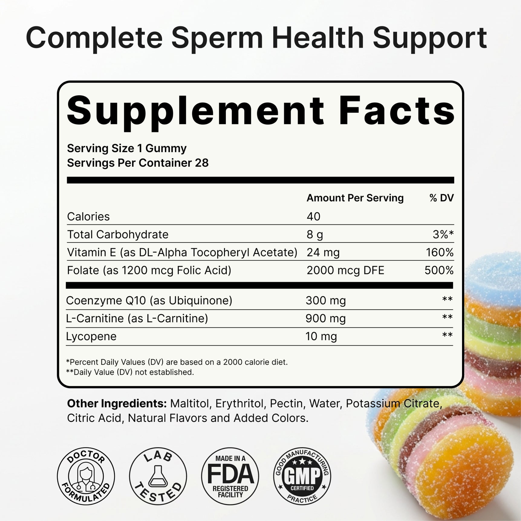 Supplement facts label for a complete sperm health support product with gummy vitamins.