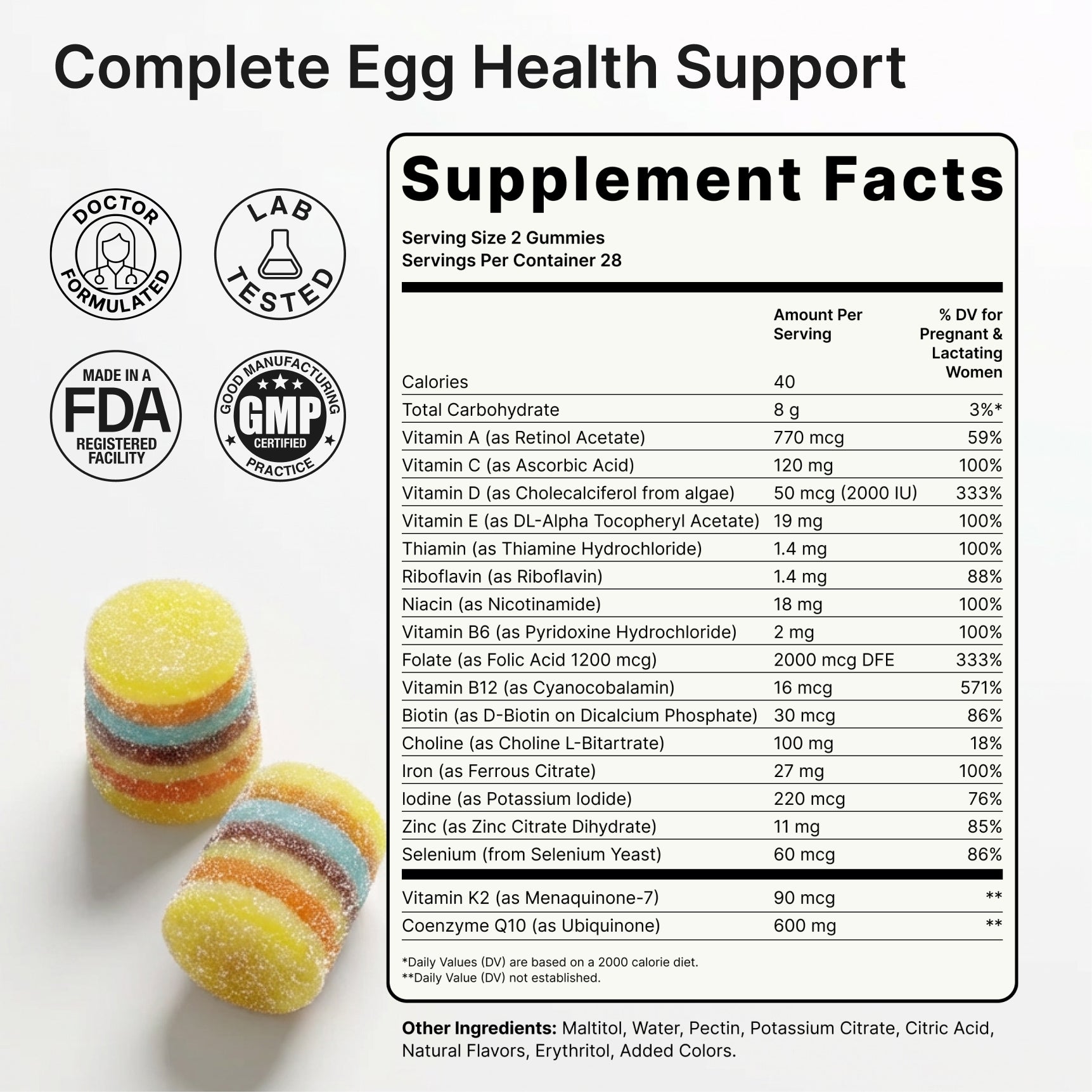 Luminary Vitamins Egg Support Gummies featuring colorful, egg-shaped gummies designed to promote egg health and wellness.