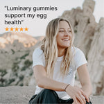 Luminary Vitamins Egg Support Gummies for healthy egg production and reproductive health, featuring colorful gummy shapes.