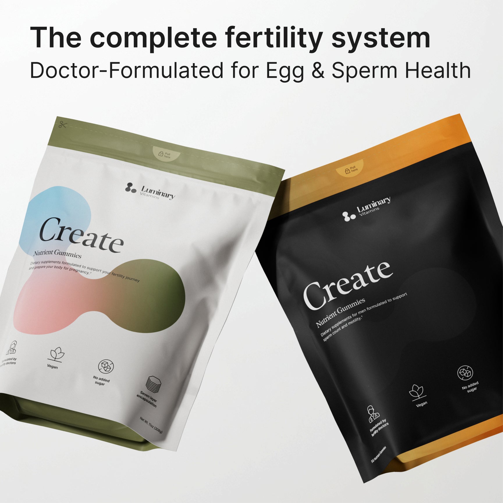 His and hers fertility bundle with vitamins from Luminary Vitamins, showing supplement bottles and packaging for couples' fertility support.